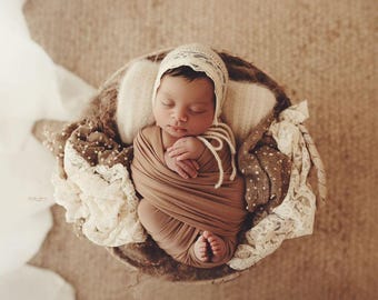 Beige Newborn Photography Wrap – Soft Stretch Jersey Knit Photo Prop | Neutral Wraps | Matching Backdrops
