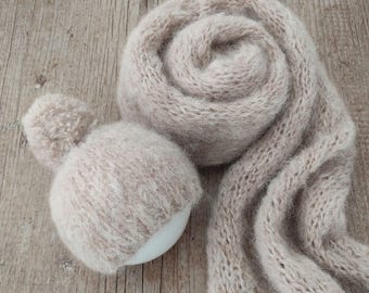 Newborn Alpaca Knit Wrap and Bonnet Set: Baby Photo Prop Outfit