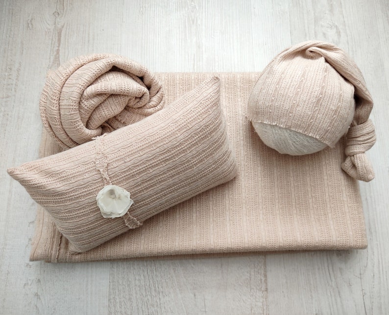 Beige newborn fabric backdrops for photography, Stretch baby posing blanket, Neutral beanbag backdrop photo prop, zdjęcie 9
