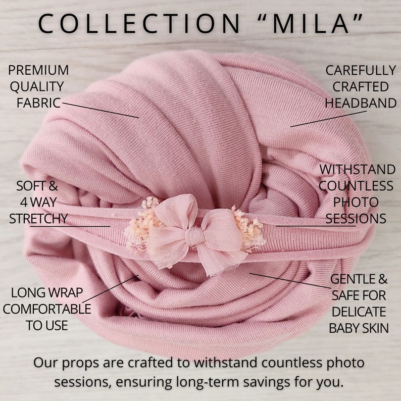 Wrap und Haarband Set für Newborn Fotografie, Newborn Tieback und Long Stretch Wrap Foto Requisiten Accessoires, Kollektion MILA, Bild 2