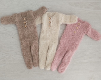 Knitted Footed Romper for Newborn Photography, Teddy Bear Outfit for Photoshoot Accessories, Alpaca Pajamas Photo Props,