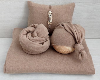 Cappuccino Nouveau-né Pouf Toile de fond et Wrap Set pour la photographie, Ensemble de pose de bébé, Accessoires photo assortis « Nicole »