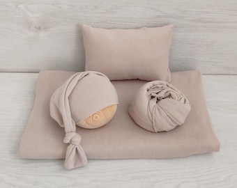 Conjunto de telón de fondo y envoltura de tela beige para fotografía de recién nacidos, conjunto de tela suave para posar con envoltura, almohada y sombrero "Julia"