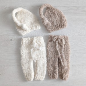 Newborn knitted outfit for photography, Knit alpaca pants and sleepy hat set newborn photo props accessories, 11 colors available