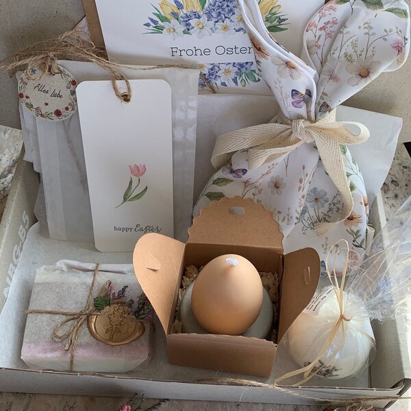 Personalisierte Geschenkbox - OSTERN Aquarell - NaturSeife-  Kerze  Ei -  Beton .  Badebombe 100% HANDGEMACHT - Grasspapier-