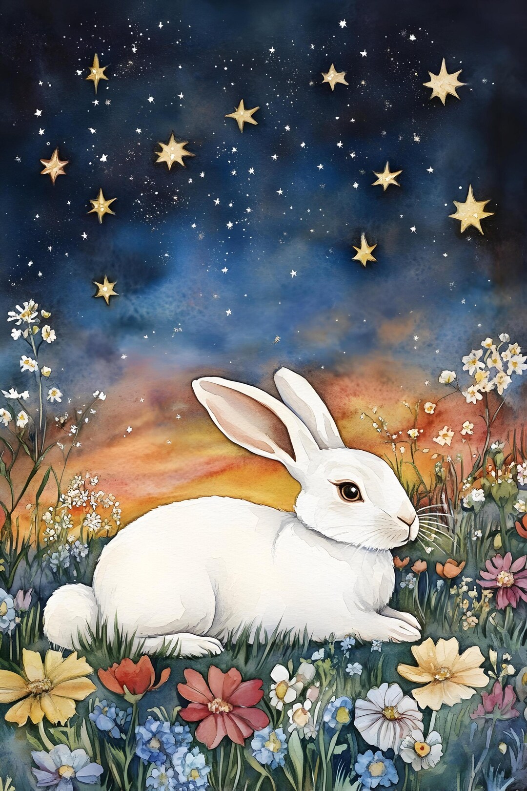 A Starry Rabbit White Rabbit in Starry Night Garden Print (8.5x11) - Etsy