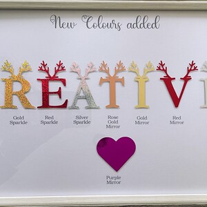 以下が含まれることがあります： 「CREATIVE」という単語がキラキラの文字で書かれた額縁付きのワードアート作品。文字はピンク、ゴールド、レッド、シルバー、ローズゴールド、パープルなど、さまざまな色で書かれています。文字はトナカイの角で飾られています。