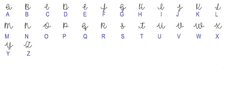 以下が含まれることがあります： AからZまでの大文字と小文字の手書きのアルファベット。筆記体で書かれています。