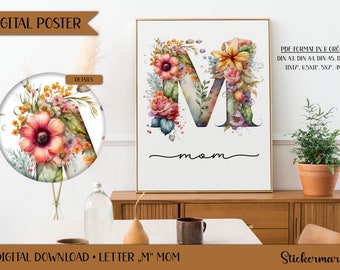 Poster Floral Monogram, Letter "M", Mom (digital download)