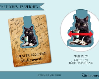 Magnetic Bookmark, Reading Cat with Coffee, Magnetic Bookmark