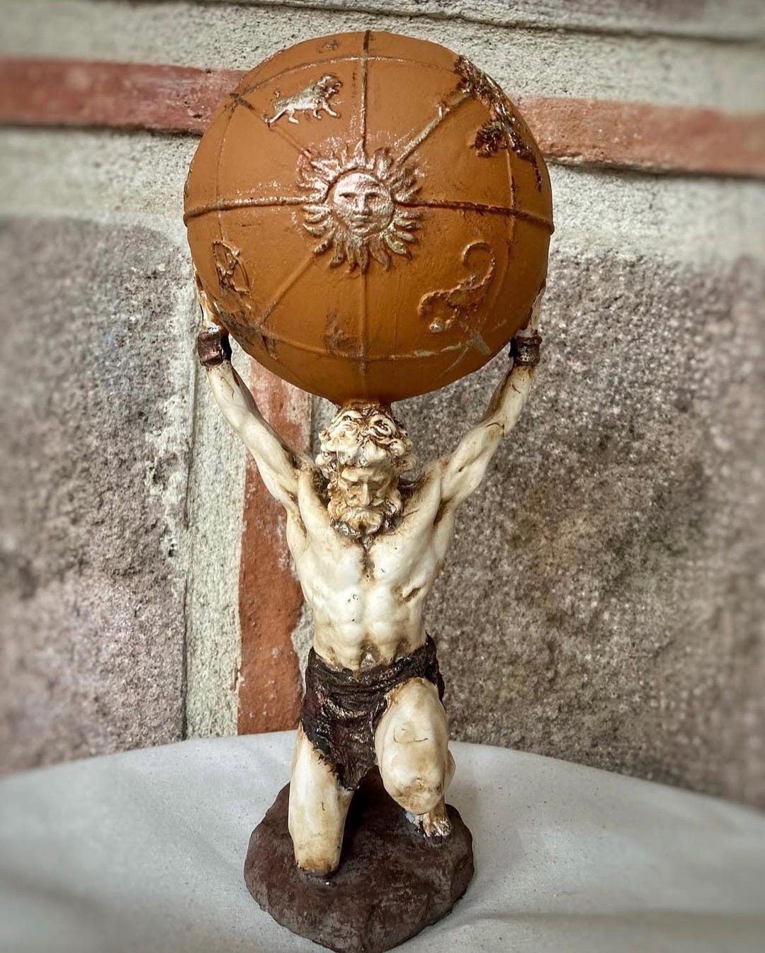 Handmade Atlas Statue: Antique Greek Titan Holding Globe Sculpture