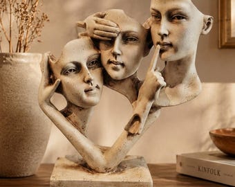Three Faces Abstract Sculpture – Vintage Style Hear See Speak No Evil Statue