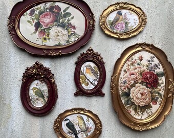 Miniature Framed Art Print Set, Handmade Vintage Style Gold Frame, Gallery Wall Art