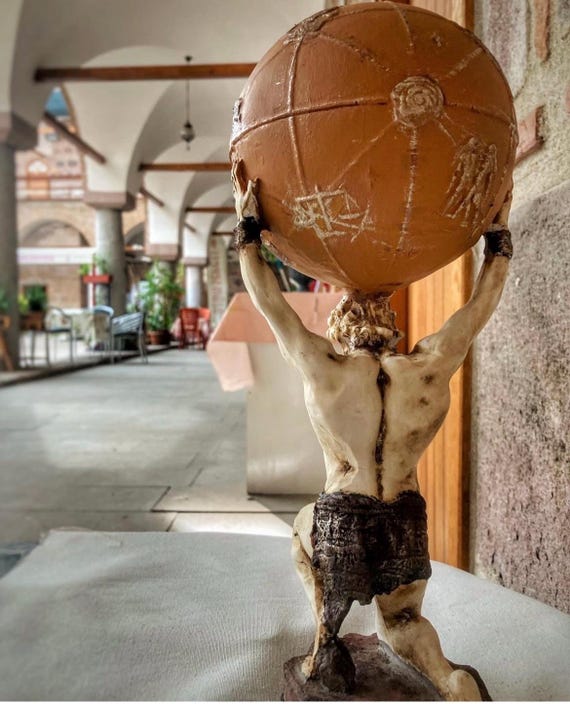 Handmade Atlas Statue: Antique Greek Titan Holding Globe Sculpture