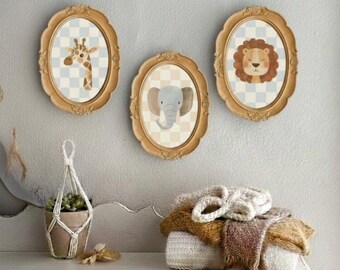 Handmade Stone Animal Nursery Art Frames, Giraffe, Elephant, Lion, Set of 3