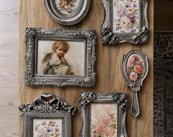 Vintage Baroque Stone Frames, Handcrafted Decoupage Wall Art Set, Ornate Silver Gallery Collection
