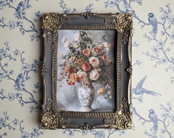 Handmade Framed Floral Still Life Wall Art – Dark Gray & Gold Frame