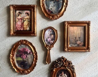 Mini Antique Gold Frame Set – 11 cm Tabletop & Shelf Decor with European Art Prints