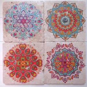 Set of 4 tiles in vintage style travertine * coaster / tile / tile * BOHO MANDALA #4