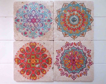 4er Set Fliesen im Vintage Stil  Travertin * Untersetzer /  Kachel / Fliese * BOHO MANDALA #4