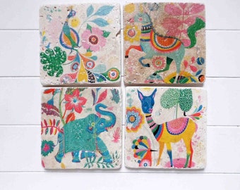 4er Set Fliese im Vintage Stil  Travertin* Untersetzer / Deko Kachel / Retro Fliese * Yoga * INDIAN ANIMALS * Indian Folk Art SET