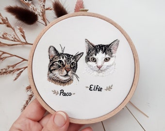 Embroidered Double Custom Cat or Dog Portrait Custom Pet Portrait Embroidery Cat and Dog Embroidered Portrait in Hoop Personalized Portrait