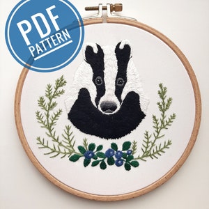 Digital Embroidery Pattern PDF Download Hand Embroidery Pattern Badger in Fern and Berries Embroidery designs Embroidery Animal Hoop DIY