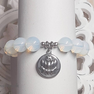 UNISEX gemstone bracelet Lotus OM Moonstone Opal & stainless steel silver 12 mm balls