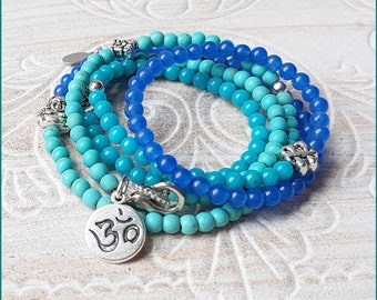 Delicate Gemstone Wrap Bracelet OM Jade Agate Turquoise Howlith Stainless Steel Buddha Infinity Chinese Knot Lotus Flower Blue Turquoise Silver