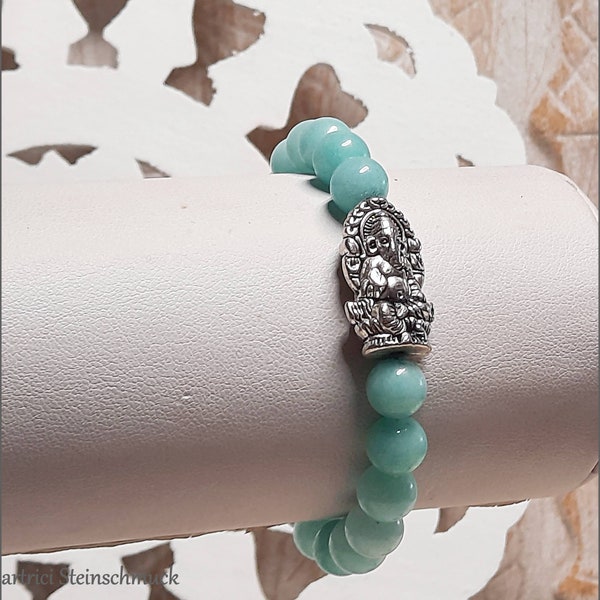 Simple Unisex Gemstone Bracelet - GANESHA - Amazonite - 8 mm Balls Beads - Desired Size