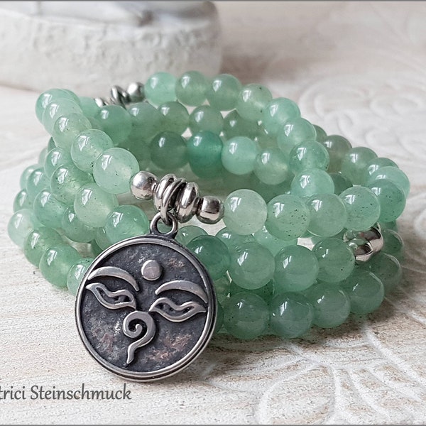 UNISEX Gemstone MALA Necklace / Wrap Bracelet Buddha's Eye Stainless Steel Aventurine Green Silver