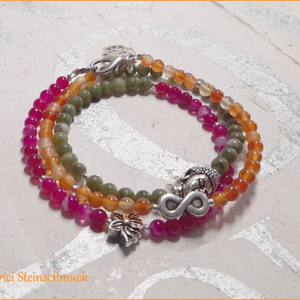 Delicada pulsera de piedras preciosas envolvente pulsera Buddha Lotus Infinity - Ágata Nefrita Cornalina Jade - color fucsia naranja plata - 4 mm - HAMSA HAND