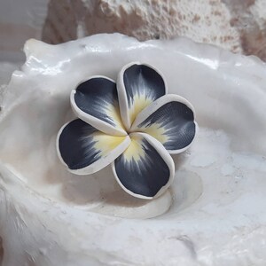 3x pearl frangipani flower polymer clay black yellow 30 mm drilled lengthwise