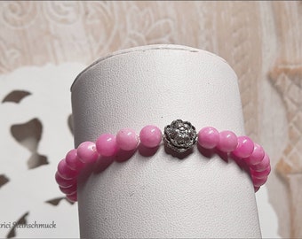 Simple Unisex Gemstone Bracelet - Lotus Flower - Jade - pink silver - 6 mm Balls Beads - Desired Size