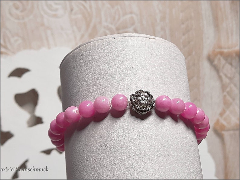 Simple Unisex Gemstone Bracelet Lotus Flower Jade pink silver 6 mm Balls Beads Desired Size image 1