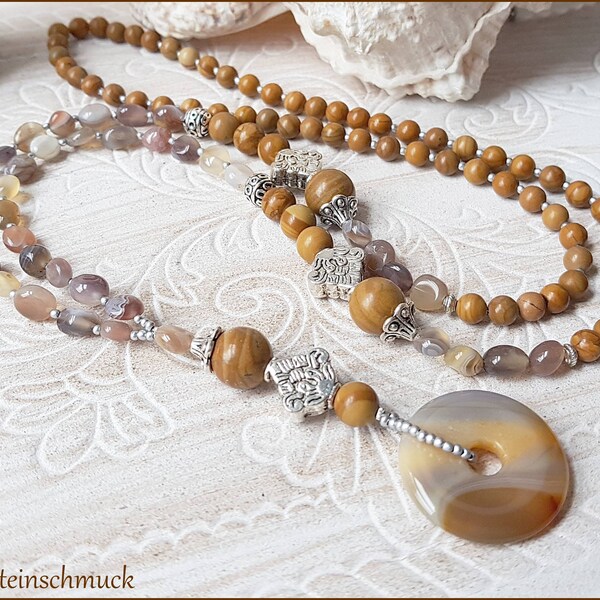 Edelsteen MALA Gebed Ketting LotusBloem Botswana Agaat Donut Versteend hout kameel bruin beige zilver