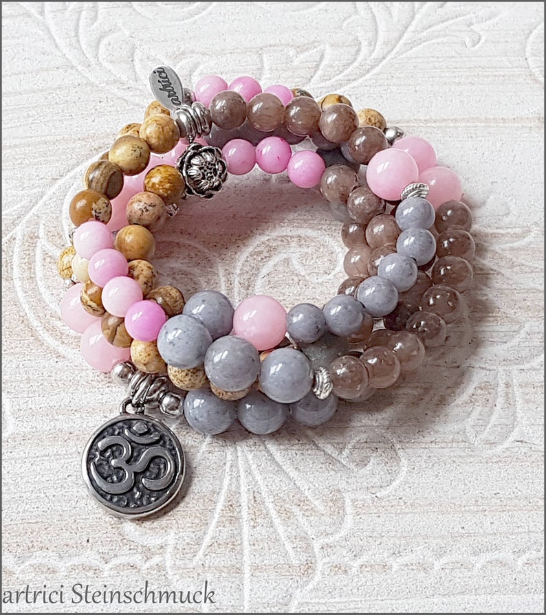 Gemstone mala necklace Wrap bracelet om stainless steel jasper Jade Onyx Brown Grey Pink Natural silver
