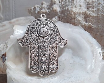 2x XXL pendant Hamsa Hand Fatima's hand silver 60 x 45 mm with eyelet metal bead