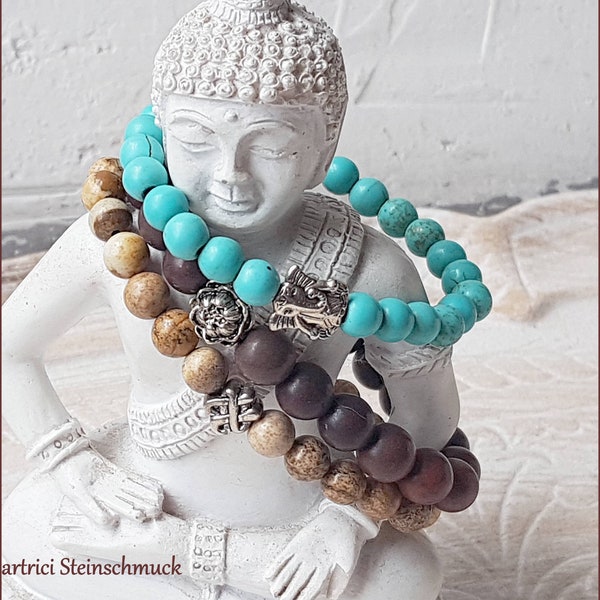 YOGA Gemstone Bracelet SET 3-piece Ganesha Lotus Flower Chinese Knot Landscape Jasper Turquoise Howlith brown beige turquoise silver