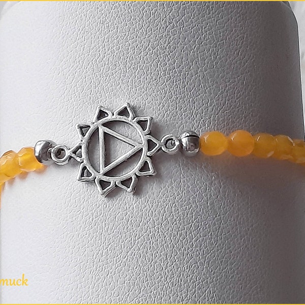 Delicate Unisex Gemstone Chakra Bracelet - Navel Chakra Manipura - Agate Faceted & Stainless Steel - Yellow Silver - 4 mm Balls - 3rd Chakra