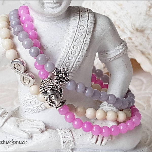 Zartes Edelstein YOGA Armband SET 3-teilig Buddha Infinity Lotusblume Fossile Koralle Jade grau beige fuchsia silber 4mm Perlen