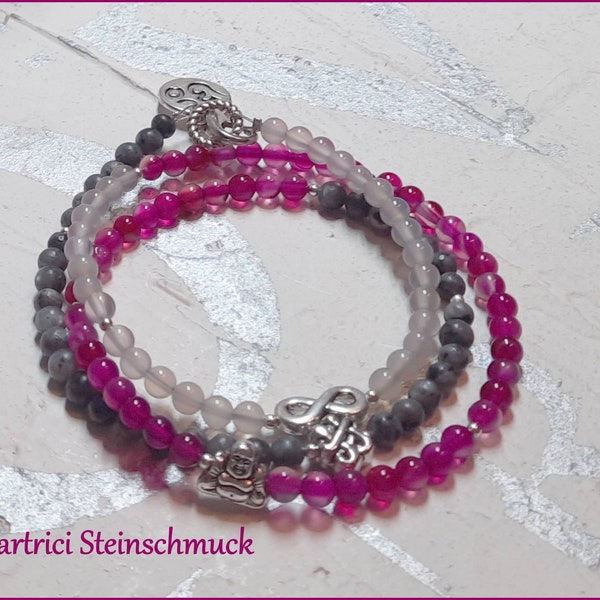 Zartes Edelstein Armband / Wickelarmband Buddha Infinity Chinesischer Knoten - Achat Labradorit - fuchsia anthrazit grau silber - OM