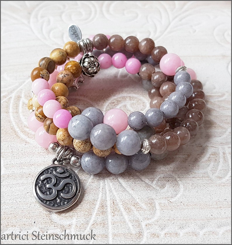 Gemstone mala necklace Wrap bracelet om stainless steel jasper Jade Onyx Brown Grey Pink Natural silver