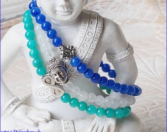 Delicate Gemstone YOGA Bracelet SET 3-piece Buddha Infinity Lotus Flower Jade blue white petrol silver 4 mm beads