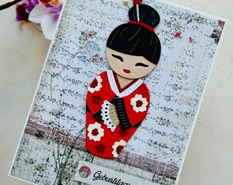 Vintage Japanese birthday card, Japanese cherry blossom birthday card, Japanese geisha birthday card, Japanese girlfriend birthday card, vintage Japanese doll
