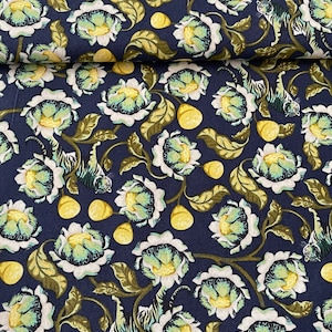 May include: Navy blue fabric with a repeating pattern of white flowers, yellow fruit, and green leaves. A white tiger is depicted in the pattern.