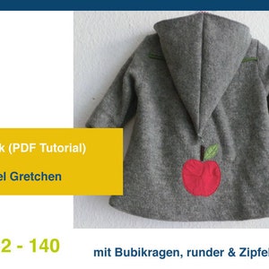 Pode incluir: Um casaco cinzento com capuz e uma aplicação de maçã vermelha nas costas. O casaco tem um colarinho redondo e um capuz pontudo. O texto "eBook (PDF Tutorial)" e "Mantel Gretchen" são visíveis no lado esquerdo da imagem. O texto "Gr. 62 - 140" é visível na parte inferior esquerda da imagem. O texto "mit Bubikragen, runder & Zipfelkapuze" é visível na parte inferior direita da imagem.