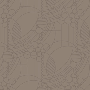 Könnte beinhalten: Ein nahtloses Muster mit einem sich wiederholenden Design aus miteinander verbundenen Kreisen, Kugeln und gebogenen Linien in einem gedämpften Braunton. Das Design hat einen Art-Deco-Stil mit einer geometrischen und abstrakten Ästhetik.