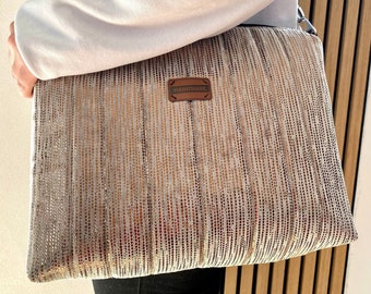 Crossbag Bronze-Glitzer mit Samtoptik in Beige // Damen Schultertasche, Crossbody Tasche, Handtasche, Tasche, Glitzer, vegan