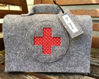 Children's doctor's kit, doctor's bag, doctor's bag, first aid kit, first aid kit, optional name tag, plaster & plaster, light gray wool felt